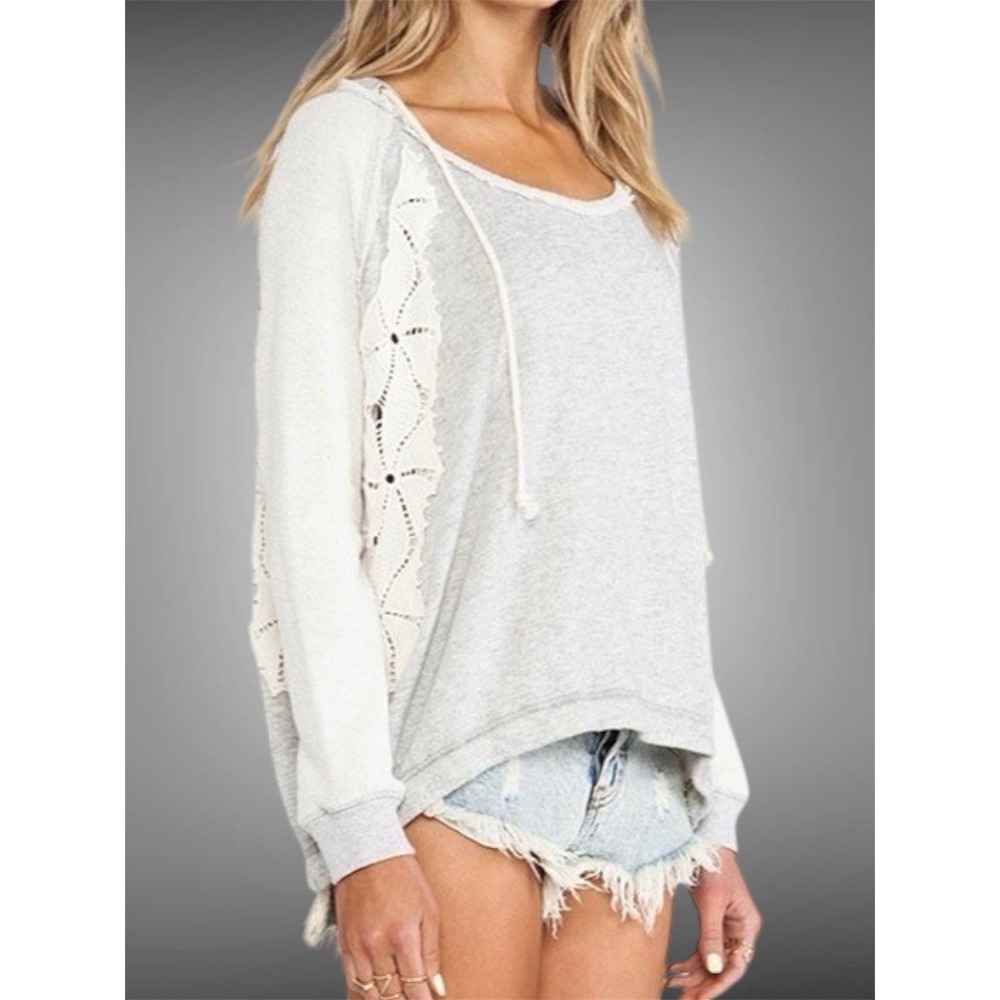 Free People Gray Crochet Lace Panel Hoodie Sweatshirt Boho Oversized Medium